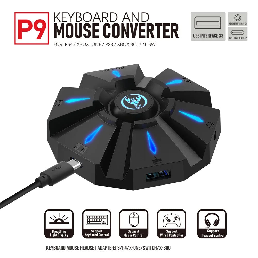 HXSJ P9 Controller Gaming Keyboard Mouse Converter Adapter with LED Light for PS4/PS3/Xbox One - 2