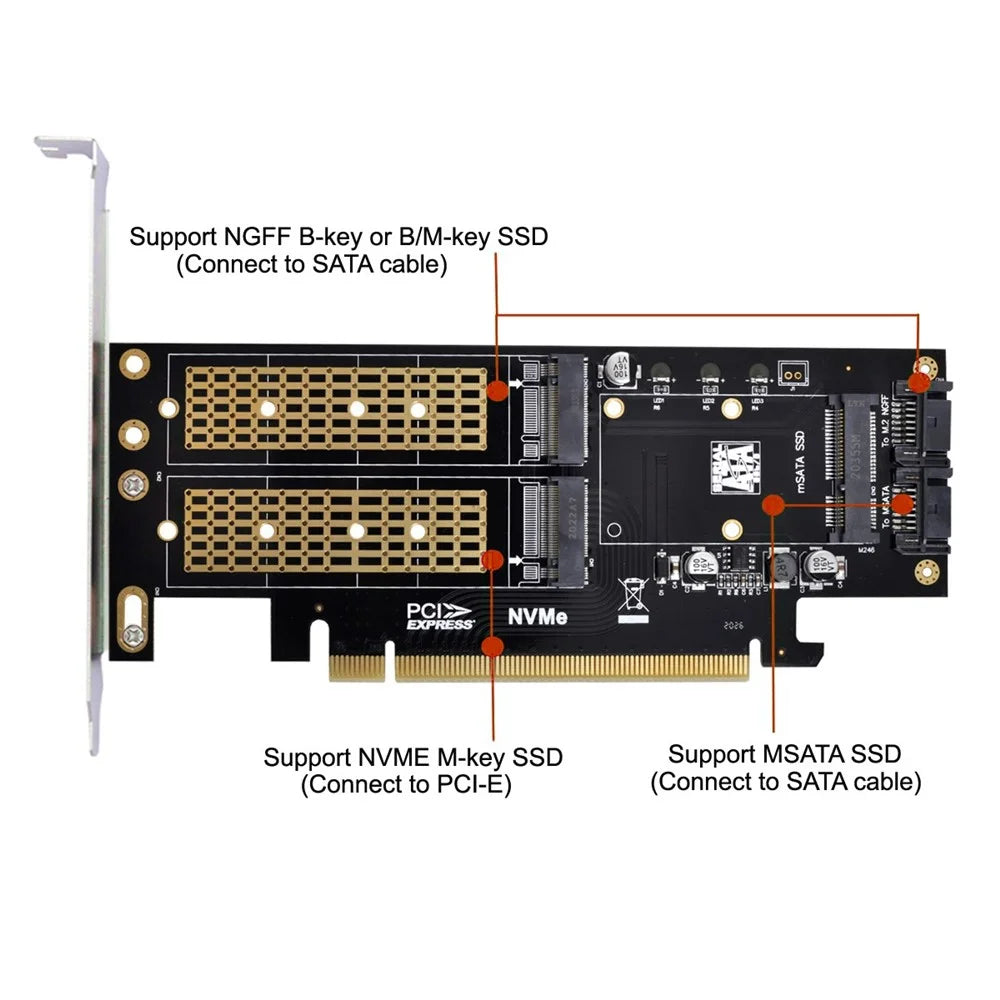 SA-028 3-in-1 PCI Express PCI-E 3.0 + Dual SATA to NGFF NVME mSATA M-Key B/M-key SSD Card Adapter - 2