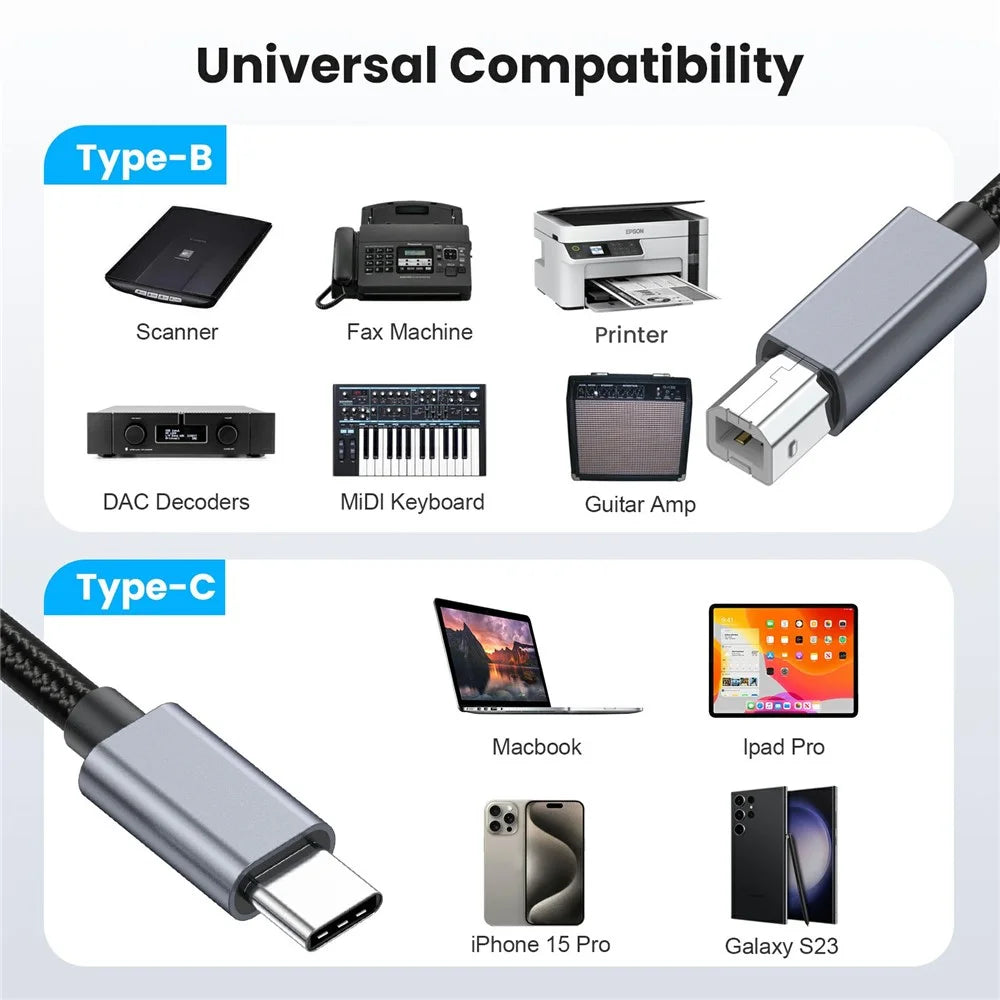 0.3m USB B to USB C Printer Cable Nylon Cord Compatible with MIDI Keyboard DAC DJ Controller - 4