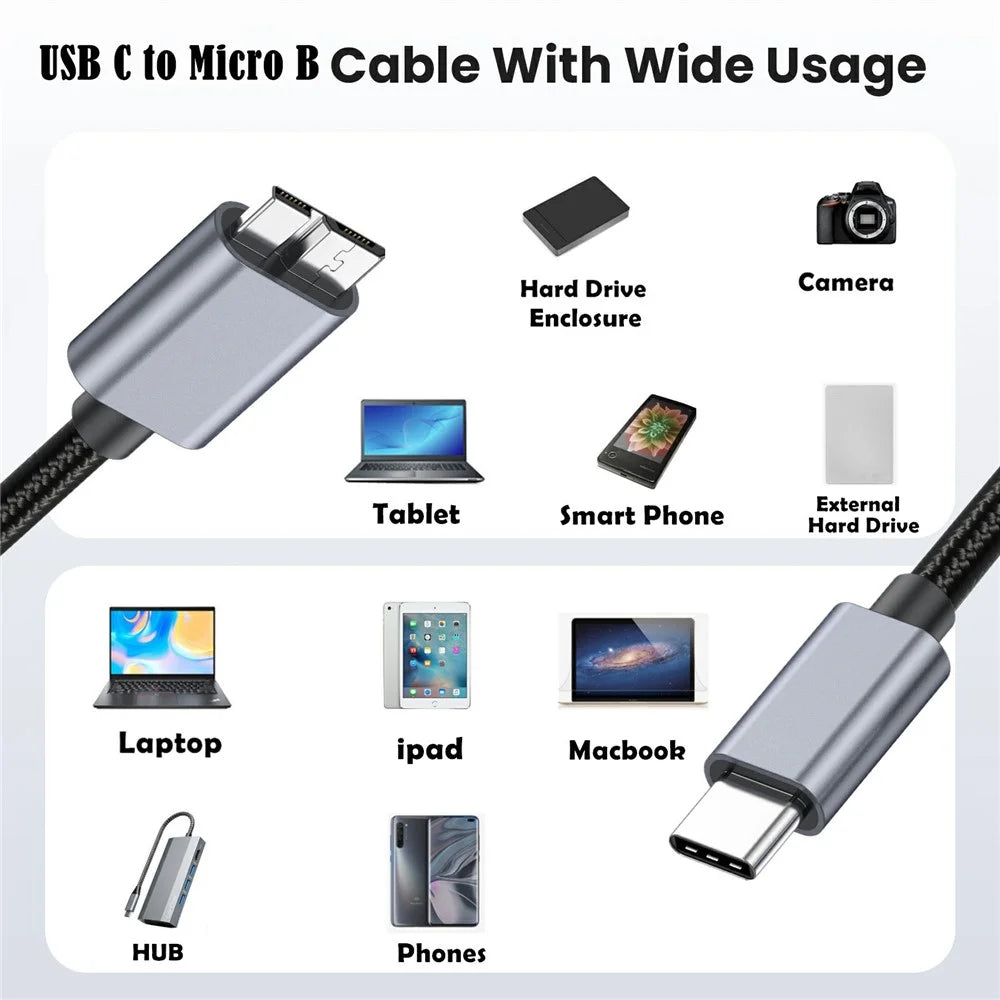 0.5m USB Type C to Micro B Cable Compatible with Seagate WD Westgate My Passport MacBook Pro / Ipad - 5