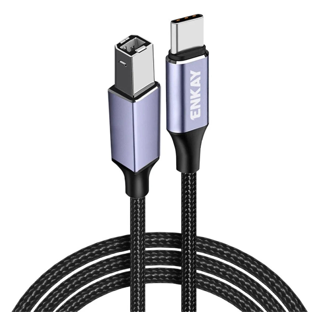 ENKAY Length:2m  Type-C to USB 2.0 B Printer Cable USB-C Scanner Nylon Braided Cord for Computer Laptop - Black - 1