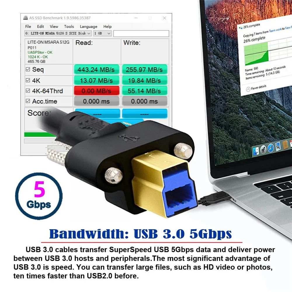 U3-102-2.0M USB 3.0 Type A Male to Type B Thumbscrew Standard Male Mount Panel Type for Industrial Camera Scanner - 3