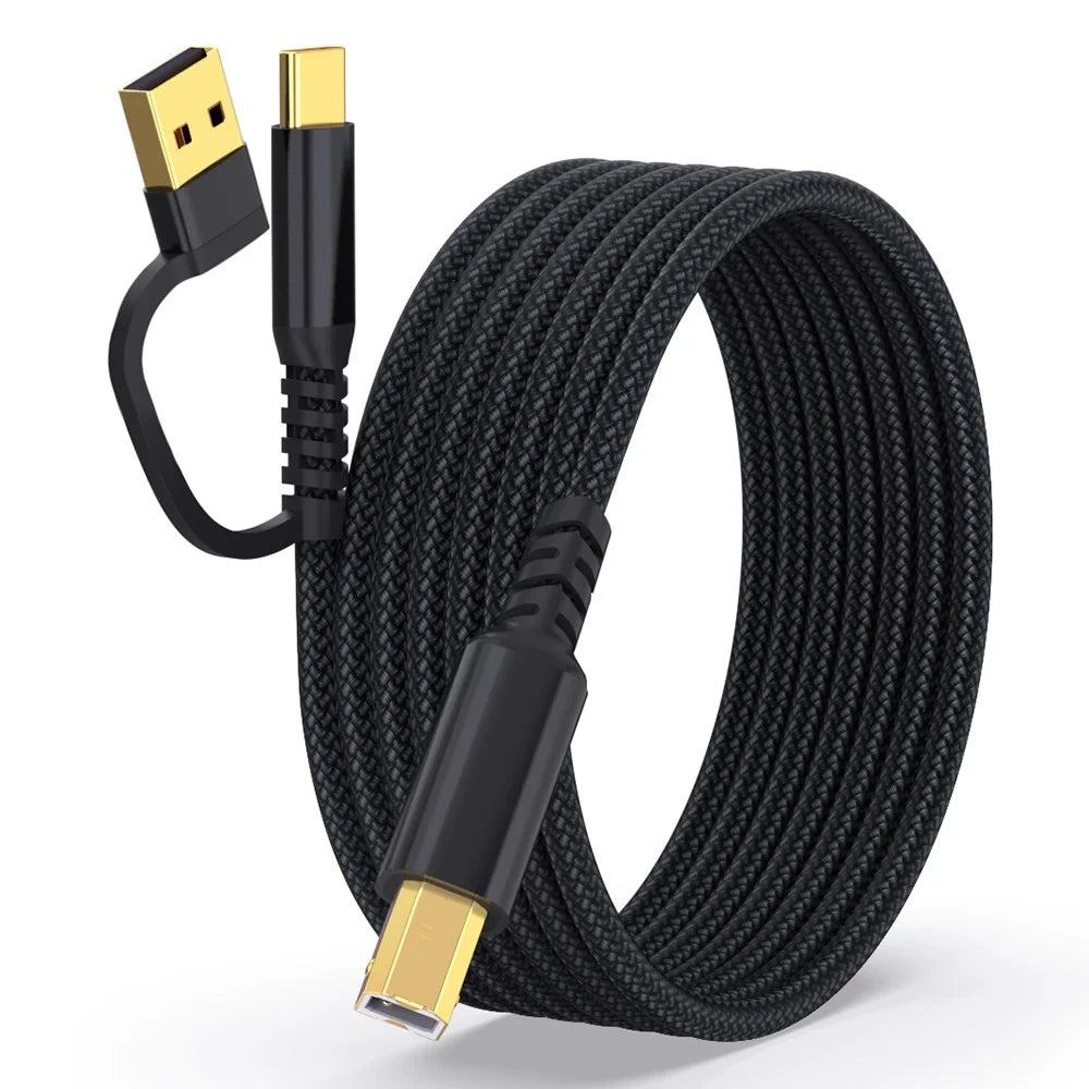 5m USB / Type-C to Square USB Type-B 2 in 1 Printer Cable Braided Printing Connection Cord - Black - 1