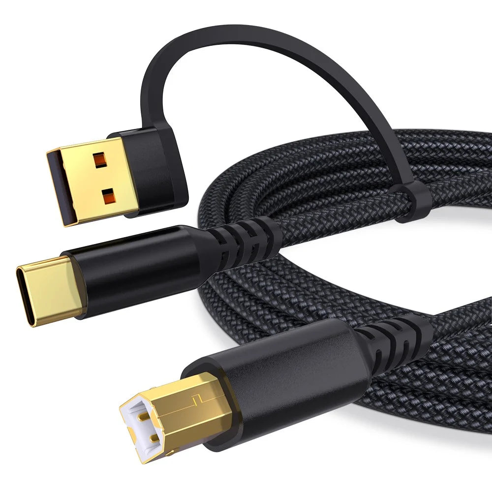 5m USB / Type-C to Square USB Type-B 2 in 1 Printer Cable Braided Printing Connection Cord - Black - 2