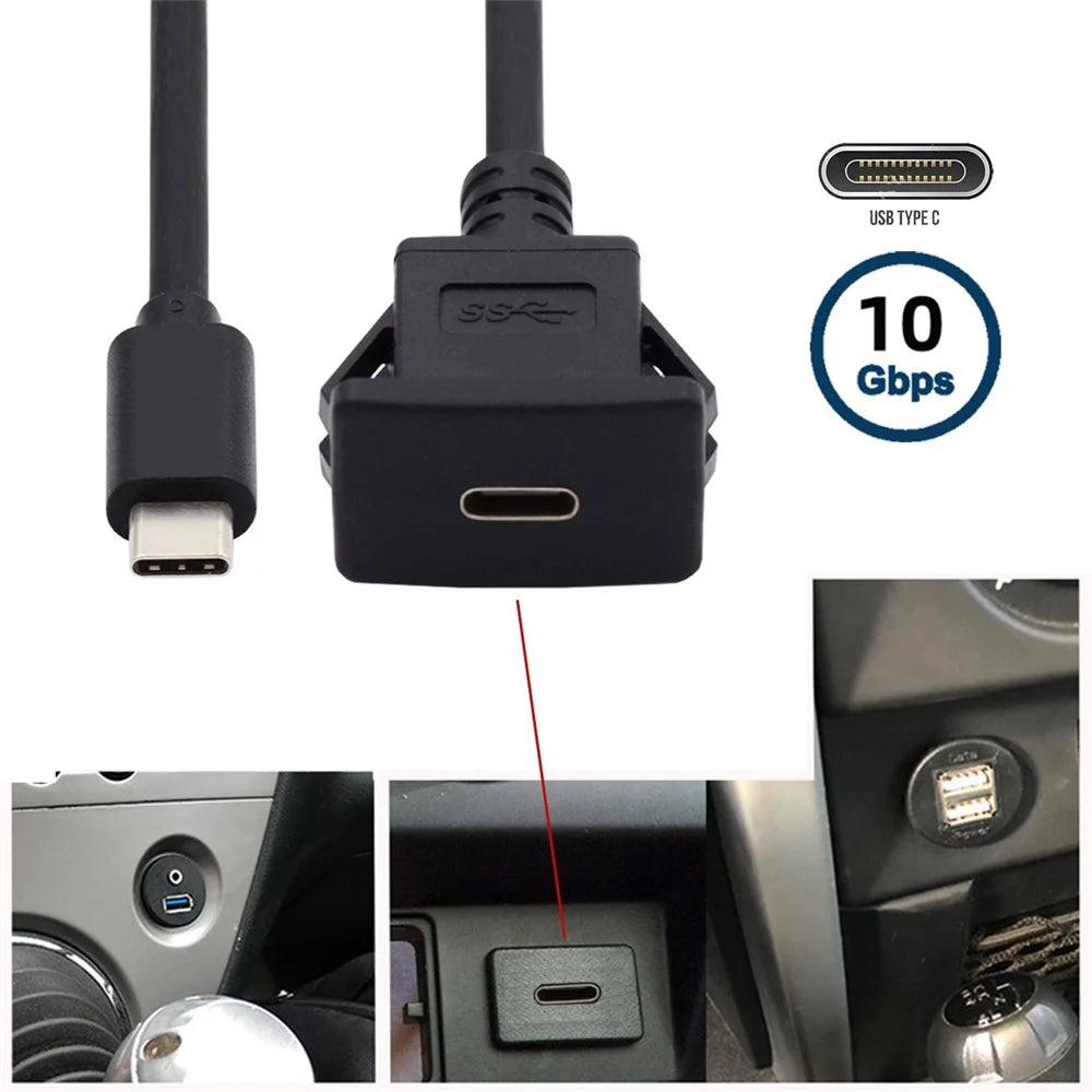 UC-021-1.0M 1m Waterproof USB-C Type-C USB 3.1 10Gbps Extension Flush Car Latch Mount Extension Cable for Dashboard Panel - 5