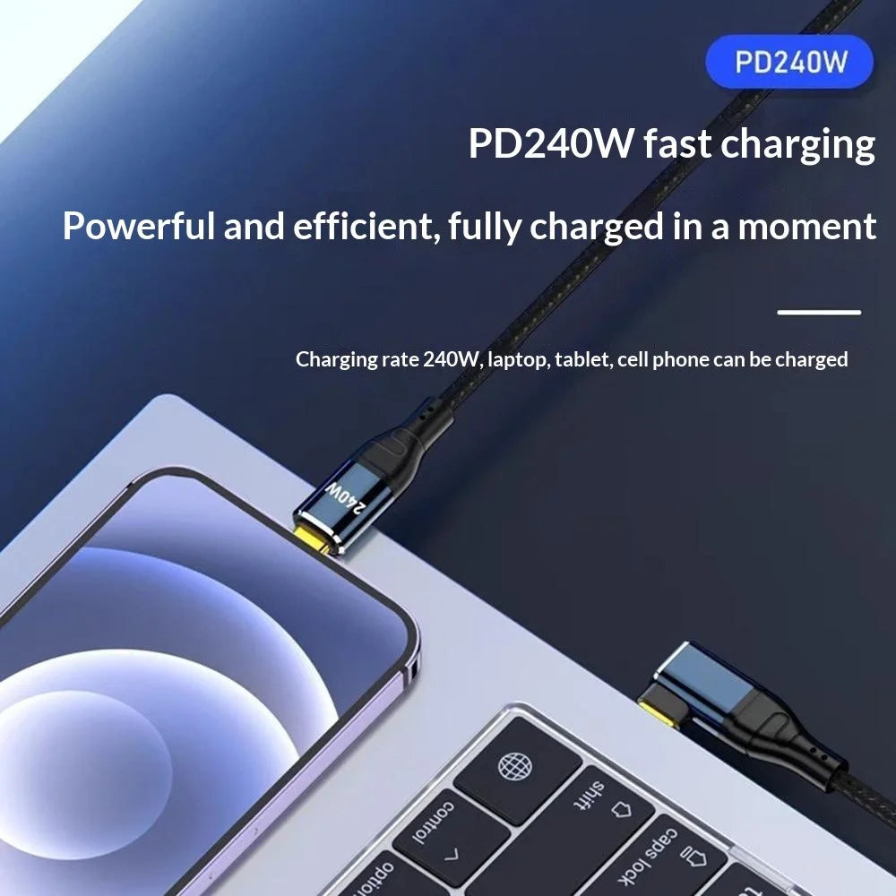 D24110  1m Side Right-Angle USB-C to USB-C Cable 240W PD 3.1 Fast Charging E-Marker Chip Data Cord for Laptop - Black - 3