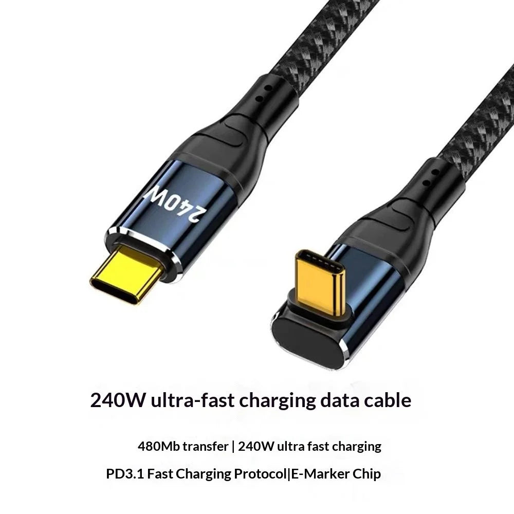 D24305 50cm Vertical Right Angle Type-C to Type-C Cable PD 3.1 240W Fast Charging Data Cord for Laptop - Black - 2