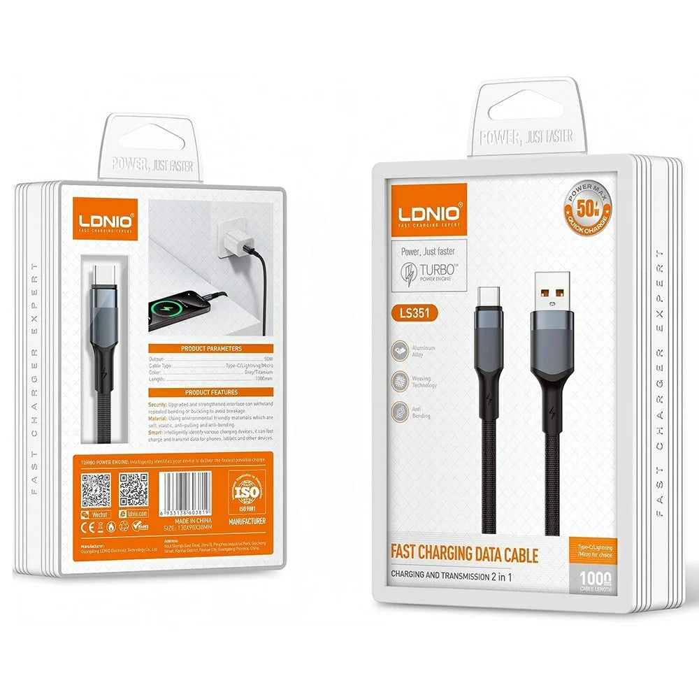 LDNIO LS351-L 1m USB-A to iP (5-14) Braided Cable 50W Fast Charging Reinforced Metal Connector Date Cord - Titanium Gold - 5
