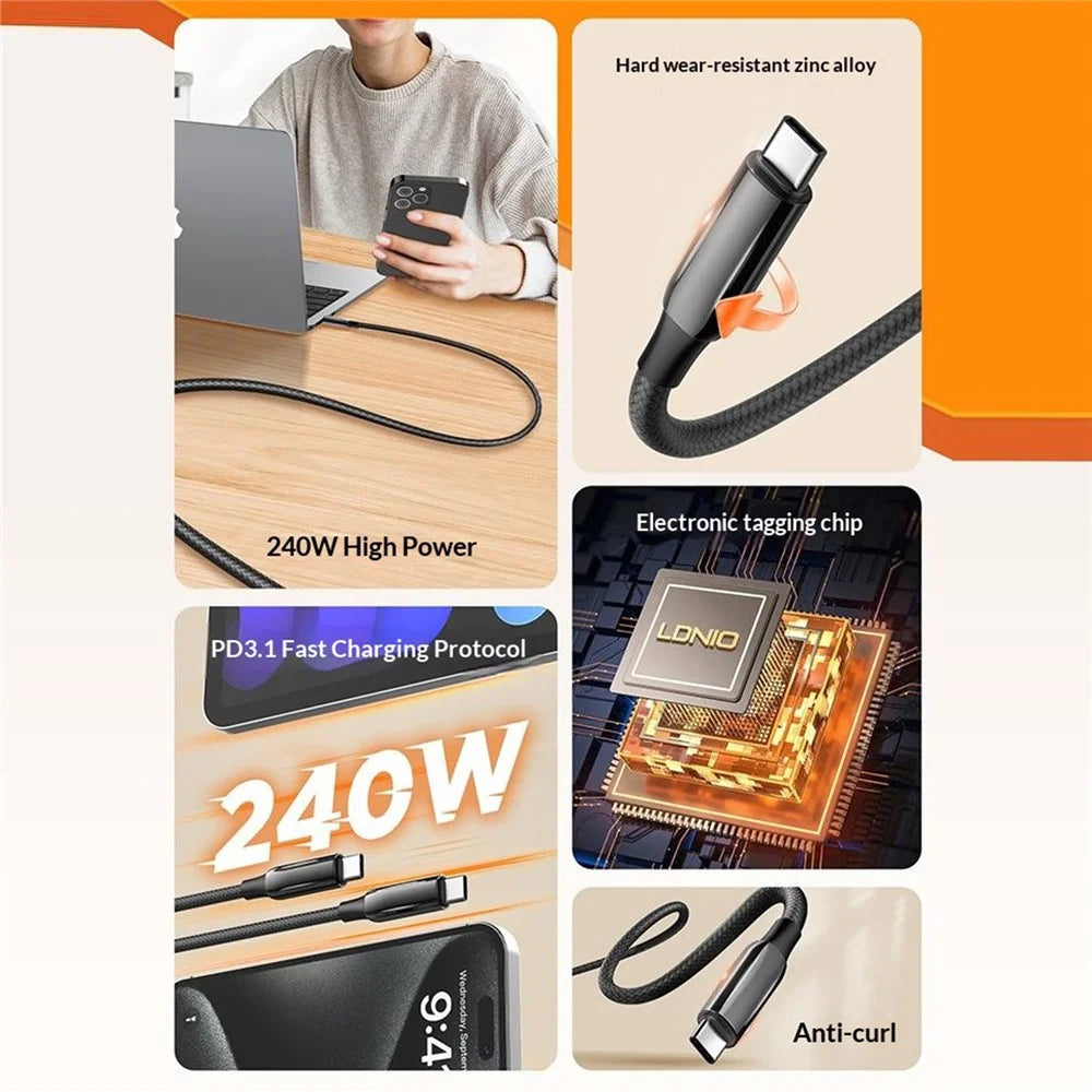 LDNIO LC921c-240W 1m USB-C to USB-C Cable 240W PD3.1 Fast Charging Braided Data Cable for Laptop Phone - Black - 3