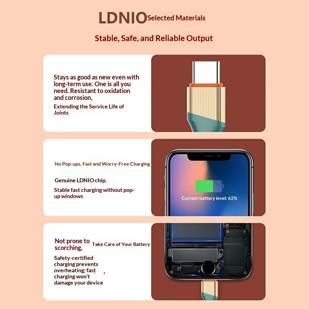 LDNIO LC632C 2m 65W USB-C to USB-C Fast Charging Cable TPE Braided Cord for iPhone 15 Series Android Tablets Laptops - Grey - 2