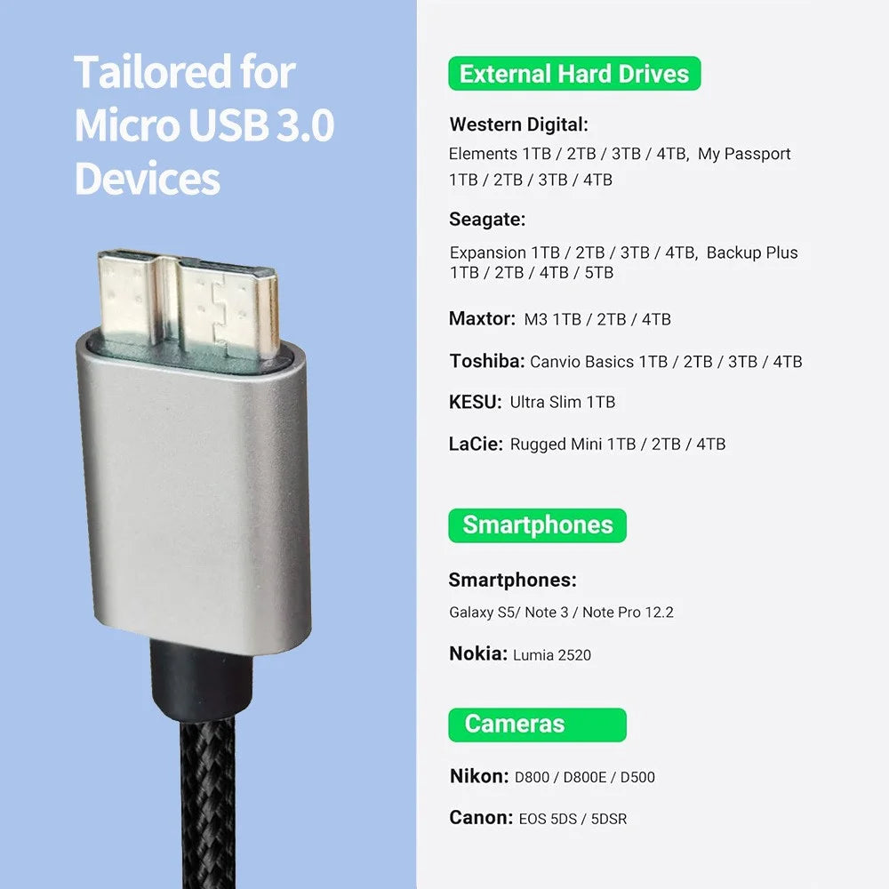 JUNSUNMAY 0.3m USB-A 3.0 Male to Micro-B Male Nylon Cord Hard Drive Camera Data Cable - 6