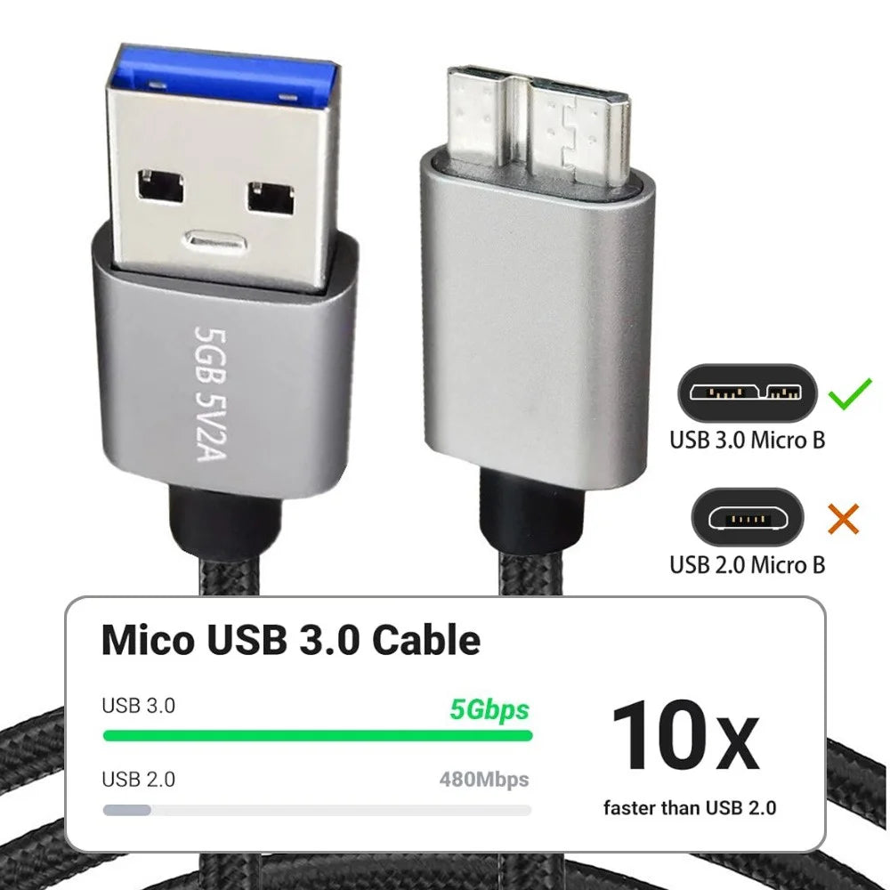 JUNSUNMAY 1m USB-A 3.0 Male to Micro-B Male Nylon Data Transfer Cable for Hard Drive Camera - 3