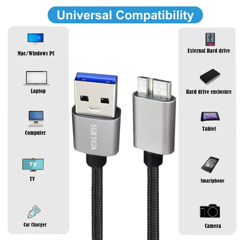 JUNSUNMAY 1m USB-A 3.0 Male to Micro-B Male Nylon Data Transfer Cable for Hard Drive Camera - 5