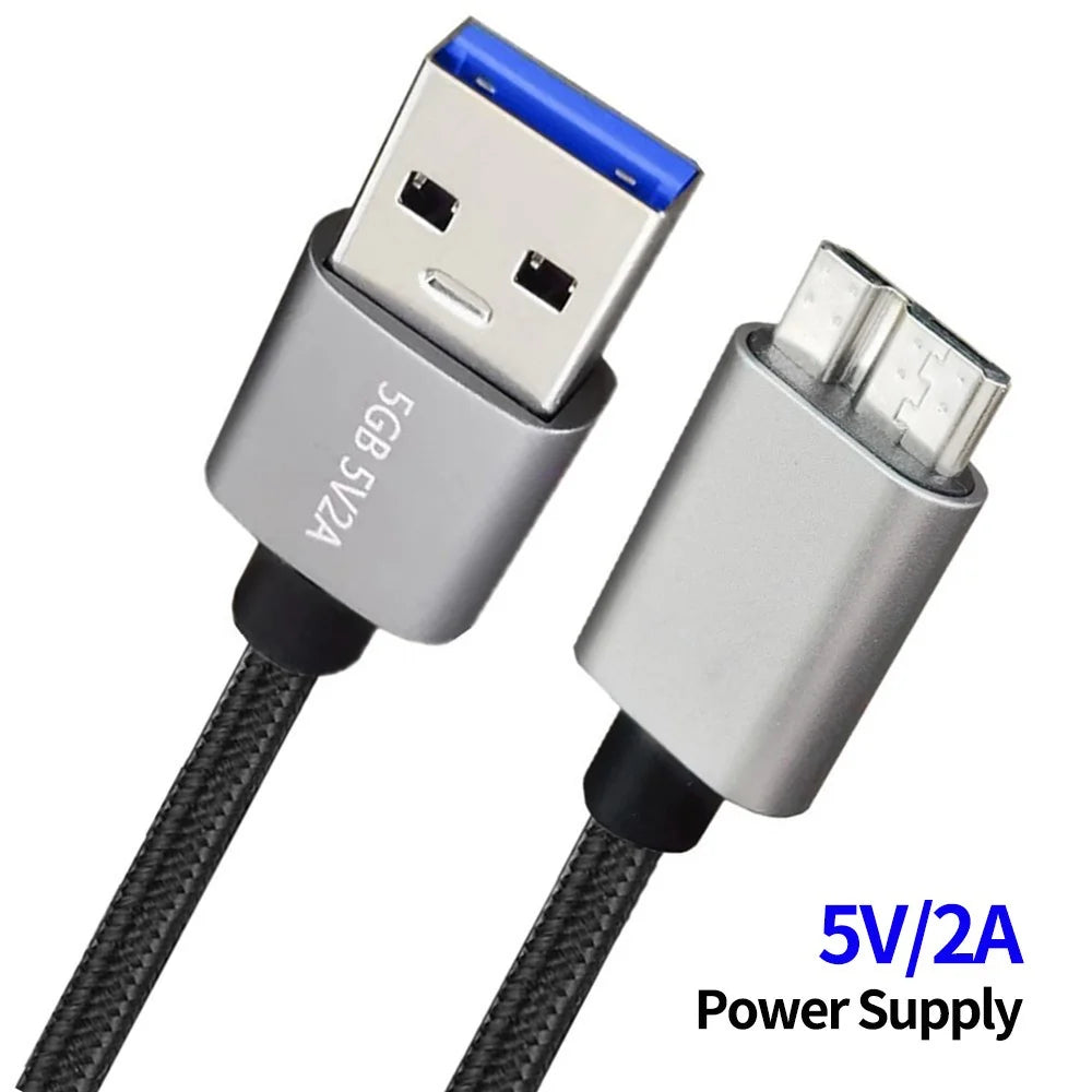 JUNSUNMAY 5m USB-A 3.0 Male to Micro-B Male Nylon Braided Data Cable for Hard Drive Camera - 2