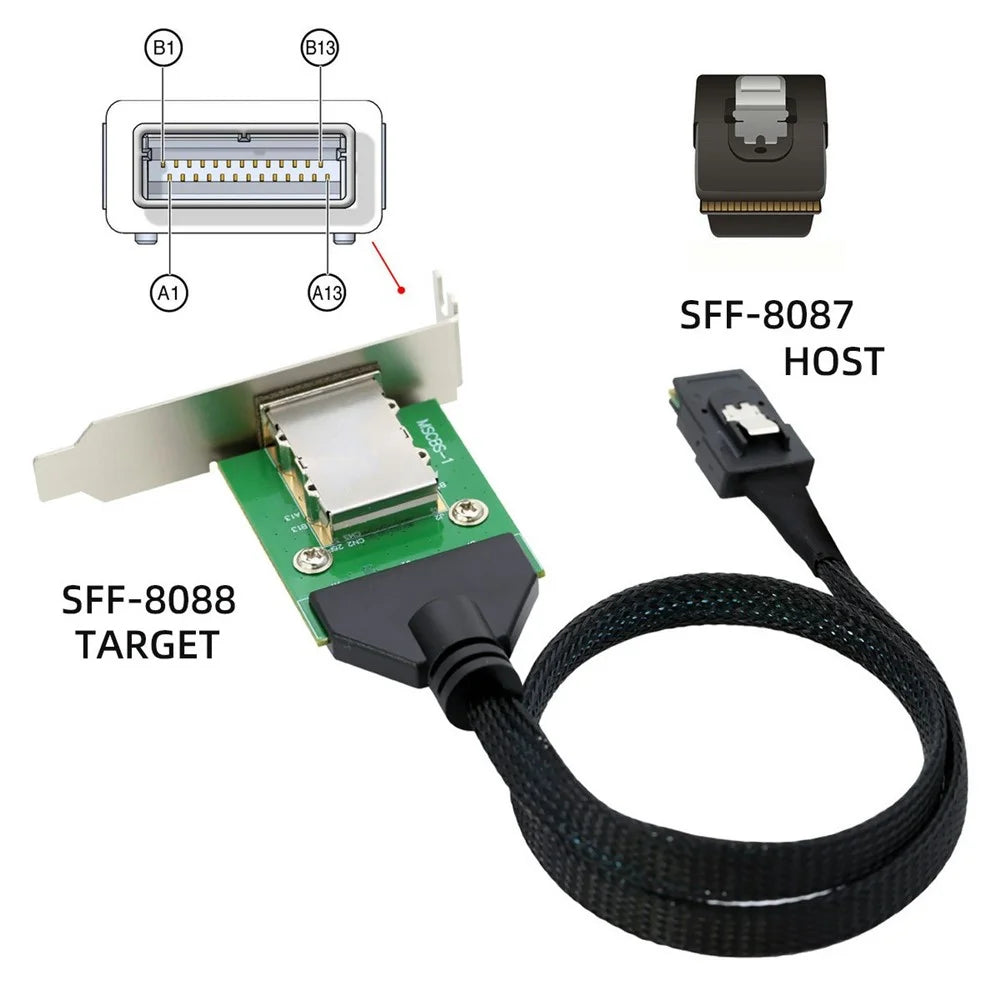 SF-083-36PIN Internal Mini SAS SFF-8087 Male to External SFF-8088 Female Extension Cable PCBA with Low Profile Bracket - 7