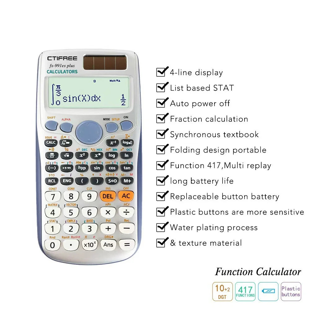 CTIFREE Scientific Calculator with LCD Display for Students 417 Functions Matrix Complex Number Equation Solver - Silver - 4