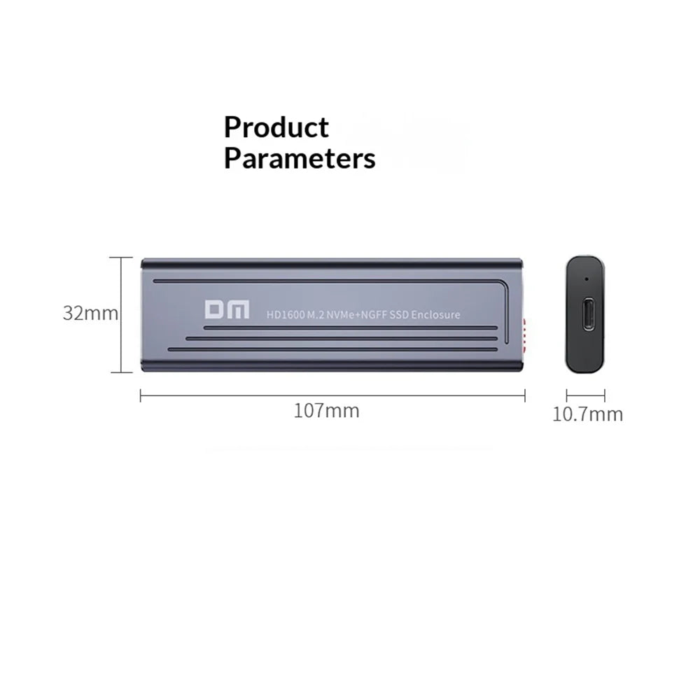 DM HD1600 M.2 Dual Protocol High Speed External Hard Drive Enclosure USB3.2 Gen2 10Gbps NVMe SATA SSD Case - Dark Gray - 7