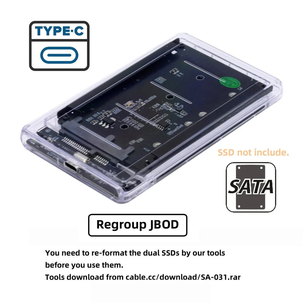 SA-031+UC-079 Dual NGFF B+M-Key M.2 SSD Card JOBD Raid0 Span Bridge to USB3.0 Type-C USB-C 2.5inch SATA Combo Enclosure - 5