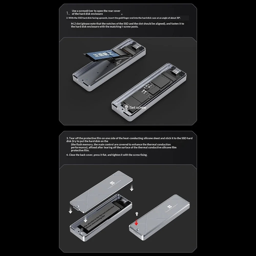 THERMALRIGHT HR-EB109 AC M.2 NVMe SSD Enclosure with USB-A to USB-C Cable USB 3.2 Gen2 10Gbps Type-C Cable Aluminum Alloy CNC External Hard Drive Case - Grey - 7
