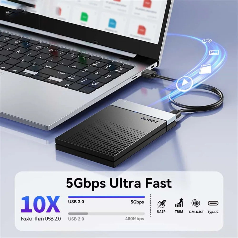 EAGET E51 2.5 Inch External Hard Drive Enclosure Type-C to USB-A Cable Tool-Free 5Gbps SSD & HDD Hard Drive Case - Black - 4