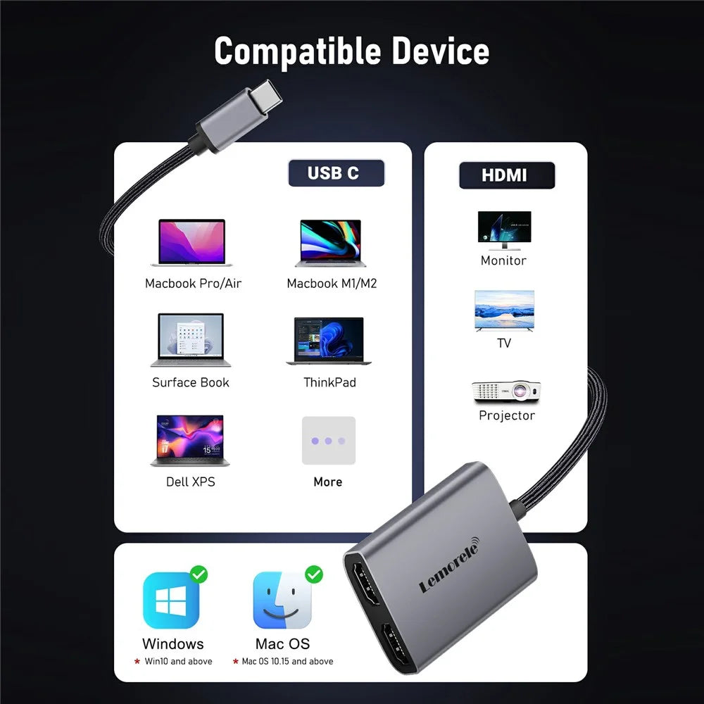 LEMORELE H20 USB-C to Dual HD Hub Adapter 2 in 1 Docking Station Support 4K / 30Hz Display for Windows / MacOS - 6