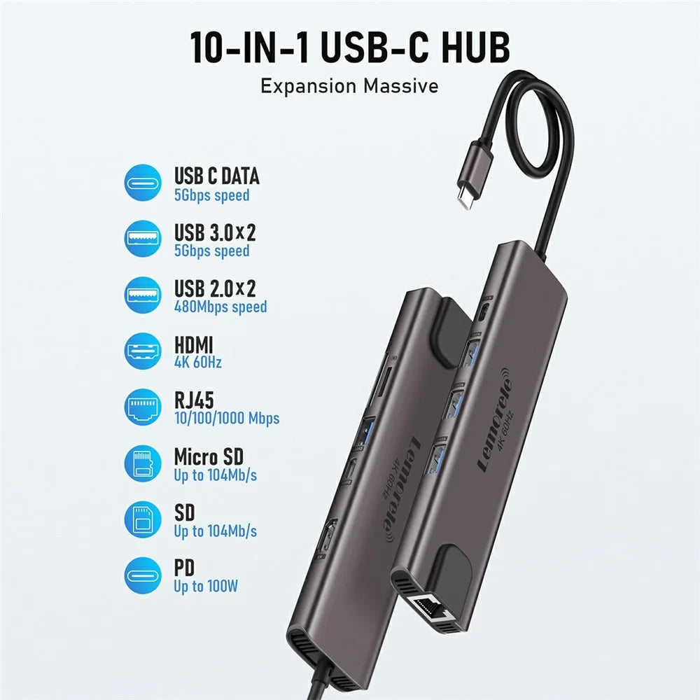 LEMORELE TC46 10 in 1 USB-C Docking Station Type-C Hub Adapter with RJ45 Ethernet / HD / TF Card Ports for Laptops - 2