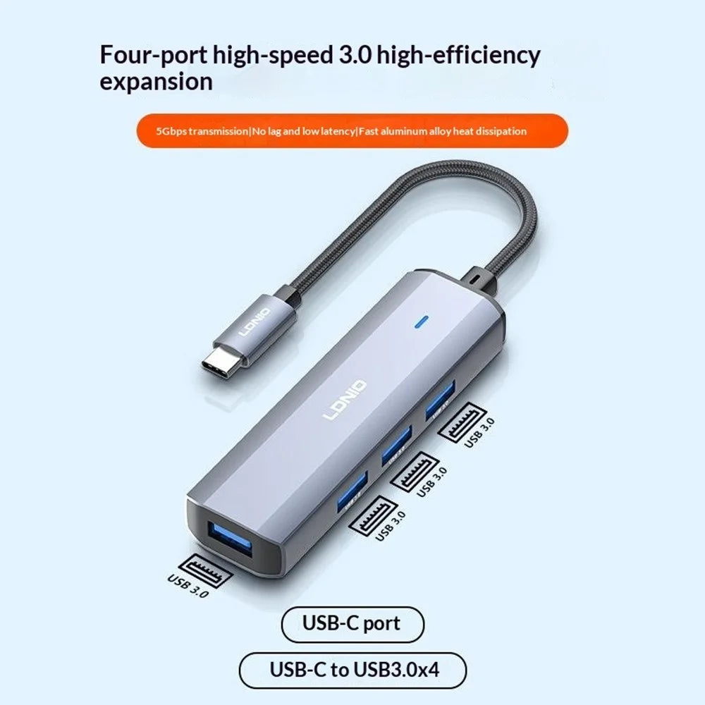 LDNIO DS-114C USB-C to 4xUSB 3.0 Hub Adapter 5Gbps High Speed Docking Station for Laptop - Grey - 2