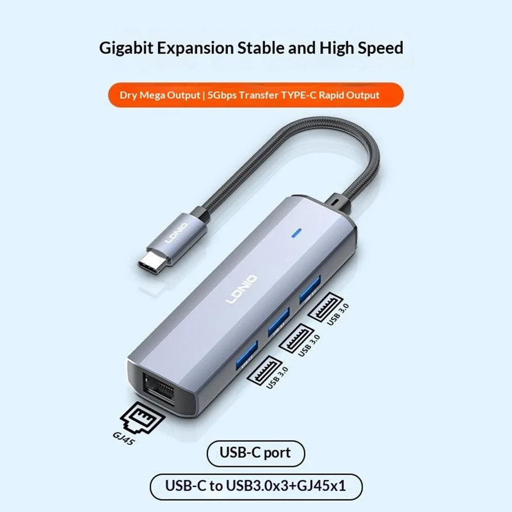 LDNIO DS-124C USB-C Hub 4-in-1 Docking Station Type-C to 3xUSB 3.0+RJ45 Gigabit Ethernet Adapter for Laptop - 2