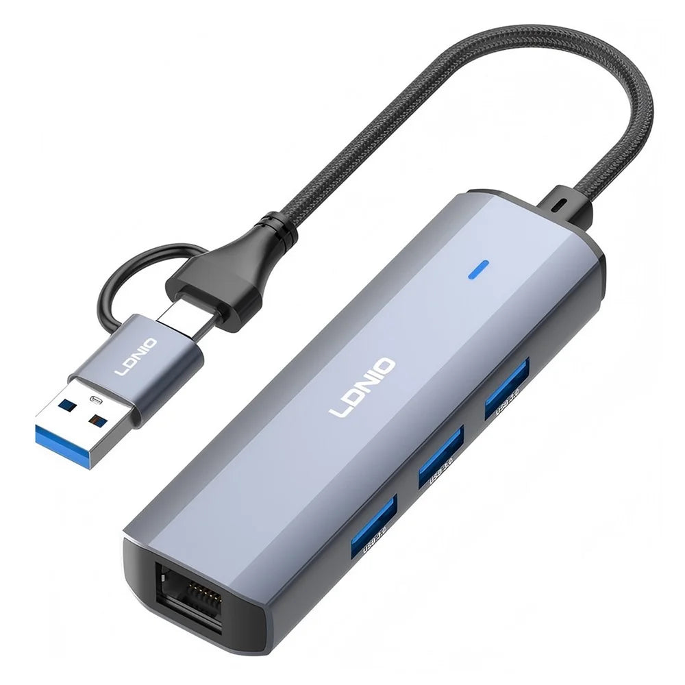 LDNIO DS-124UC USB-A + Type-C to 3-Port USB 3.0 RJ45 Gigabit Ethernet Splitter Hub for Laptop PC - Grey - 1