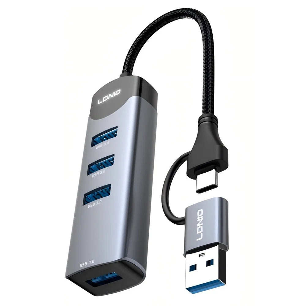 LDNIO DS-134UC USB-A + Type-C to 4-Port USB 3.0 Hub 5Gbps High Speed Data Transfer Aluminum Alloy Adapter - Grey - 1