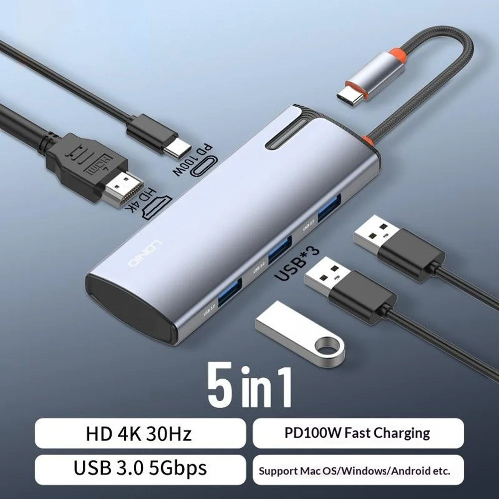 LDNIO DS-15H 5 in 1 Type-C Hub PD 100W Fast Charging 4K HD 3x USB 3.0 Docking Station - Grey - 2