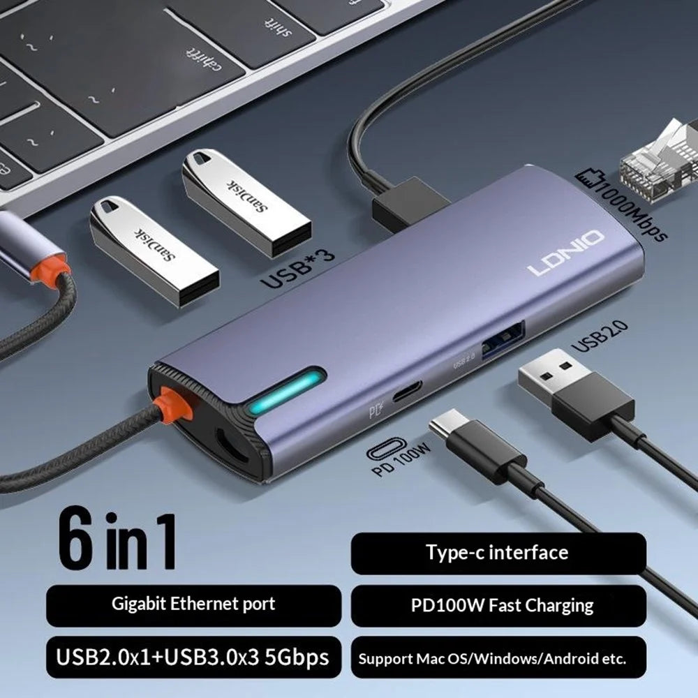 LDNIO DS-16U USB-C Hub 6 in 1 Docking Station with PD 100W Fast Charging Gigabit Ethernet 4x USB Ports - Grey - 2