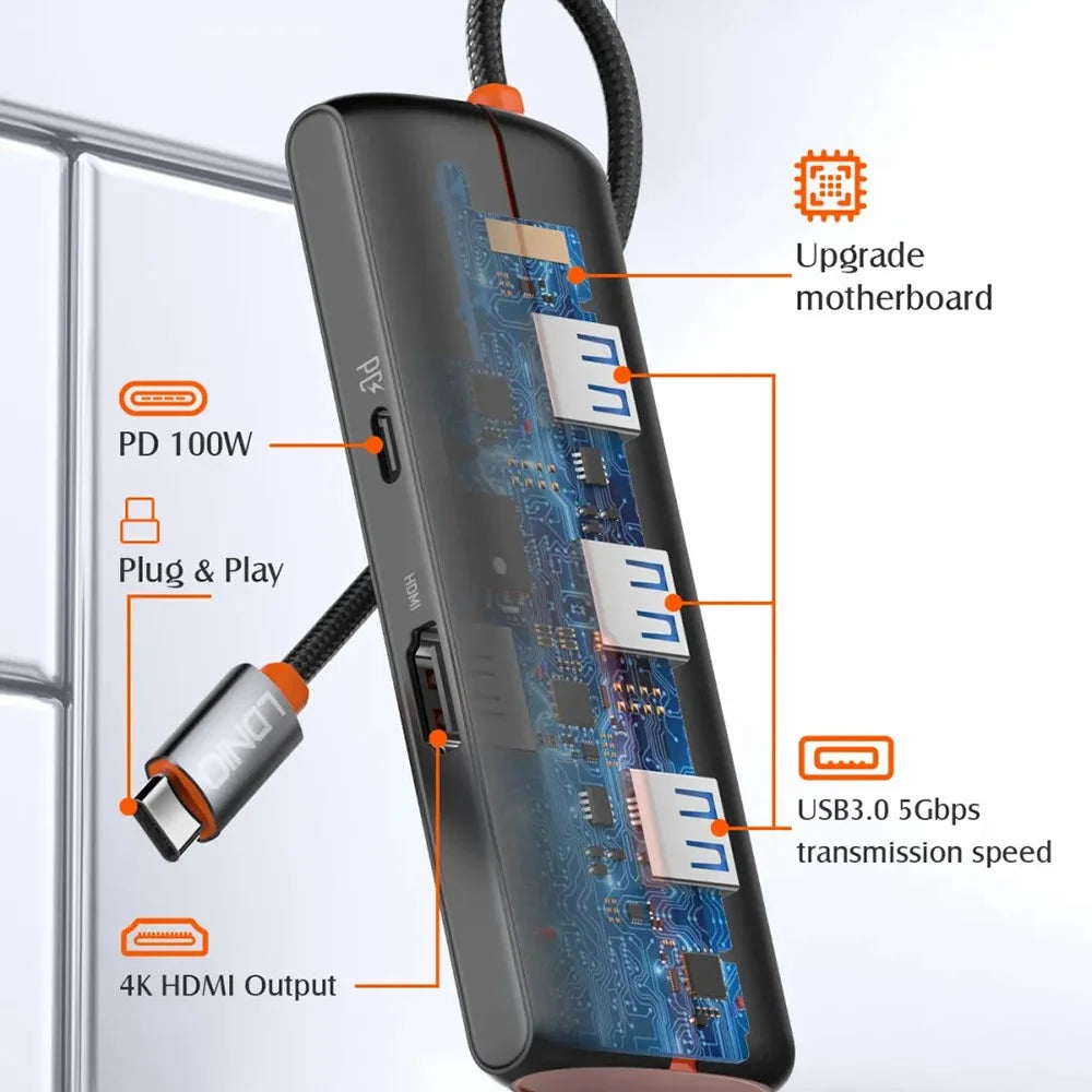 LDNIO DS-25H Type-C Hub 5 in 1 HD 4K 30Hz PD 100W Fast Charging 3 USB3.0 Splitter Adapter - Black - 4