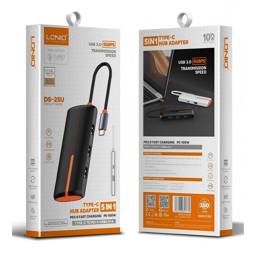 LDNIO DS-25U Type-C Hub 5 in 1 PD 100W Fast Charging 5Gbps High Speed USB 3.0 Adapter - Black - 6