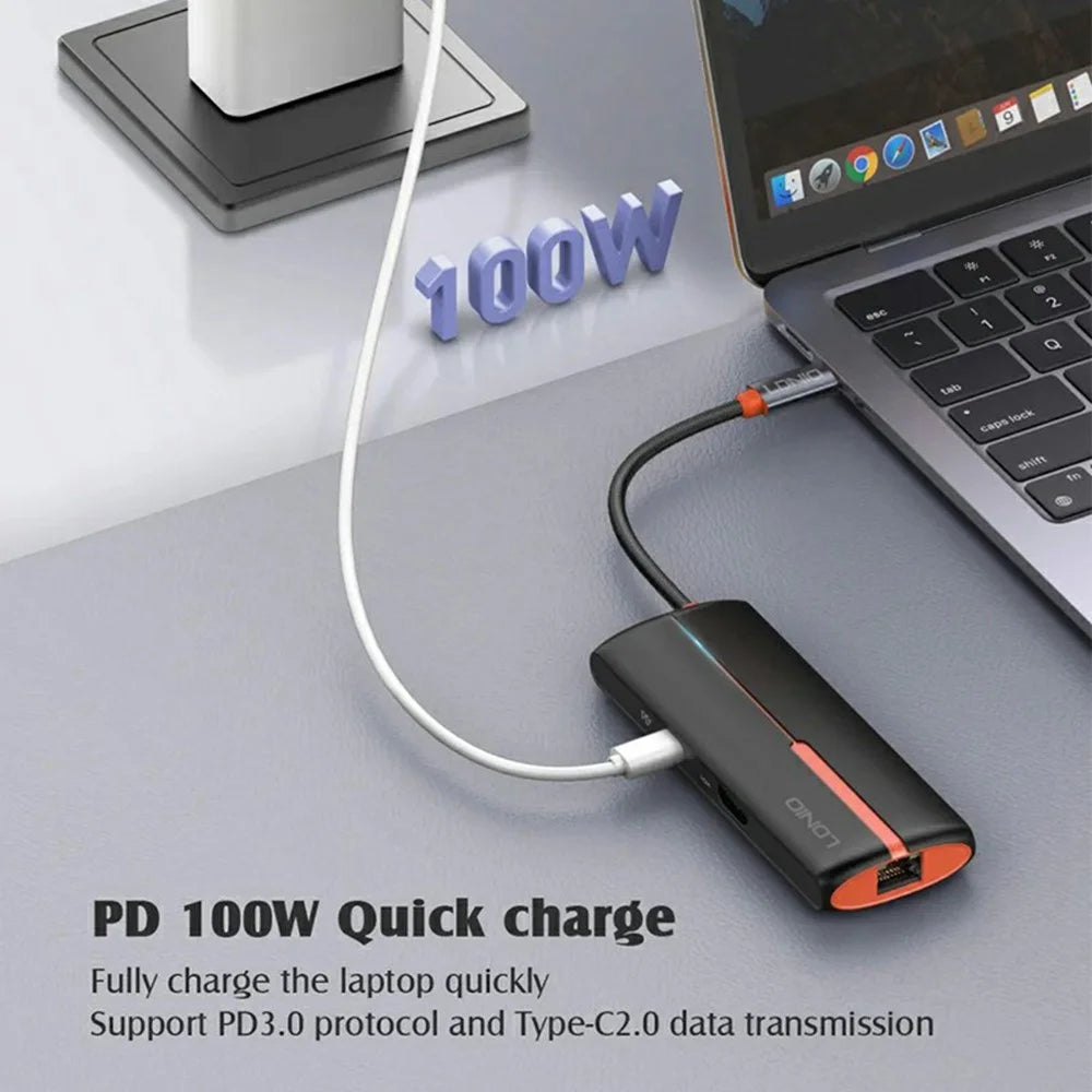 LDNIO DS-26H USB-C 6 in 1 Hub 4K HD + 100W PD Charging + 1000Mbps Ethernet + 3 USB3.0 Type-C Adapter for Laptop - Black - 4