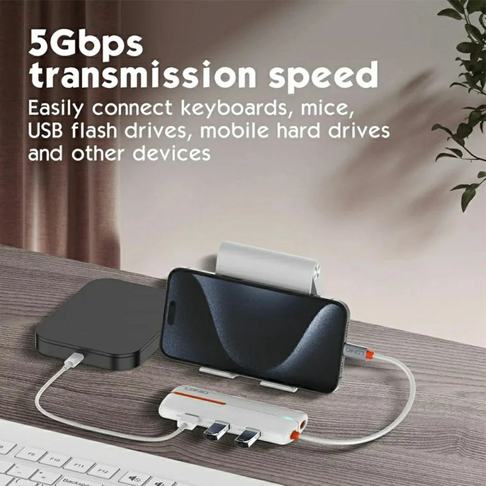 LDNIO DS-26U 6 in 1 USB-C Hub Dock 1000Mbps Ethernet + PD 100W Fast Charging + 3 5Gbps USB 3.0 + USB 2.0 Type-C Adapter - Black - 7