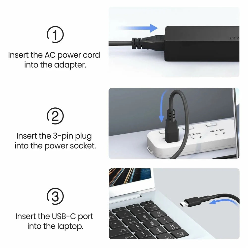 65W USB-C Charger for Huawei HP Dell Lenovo ThinkPad Yoga Chromebook Laptop Power Adapter - EU Plug - 2