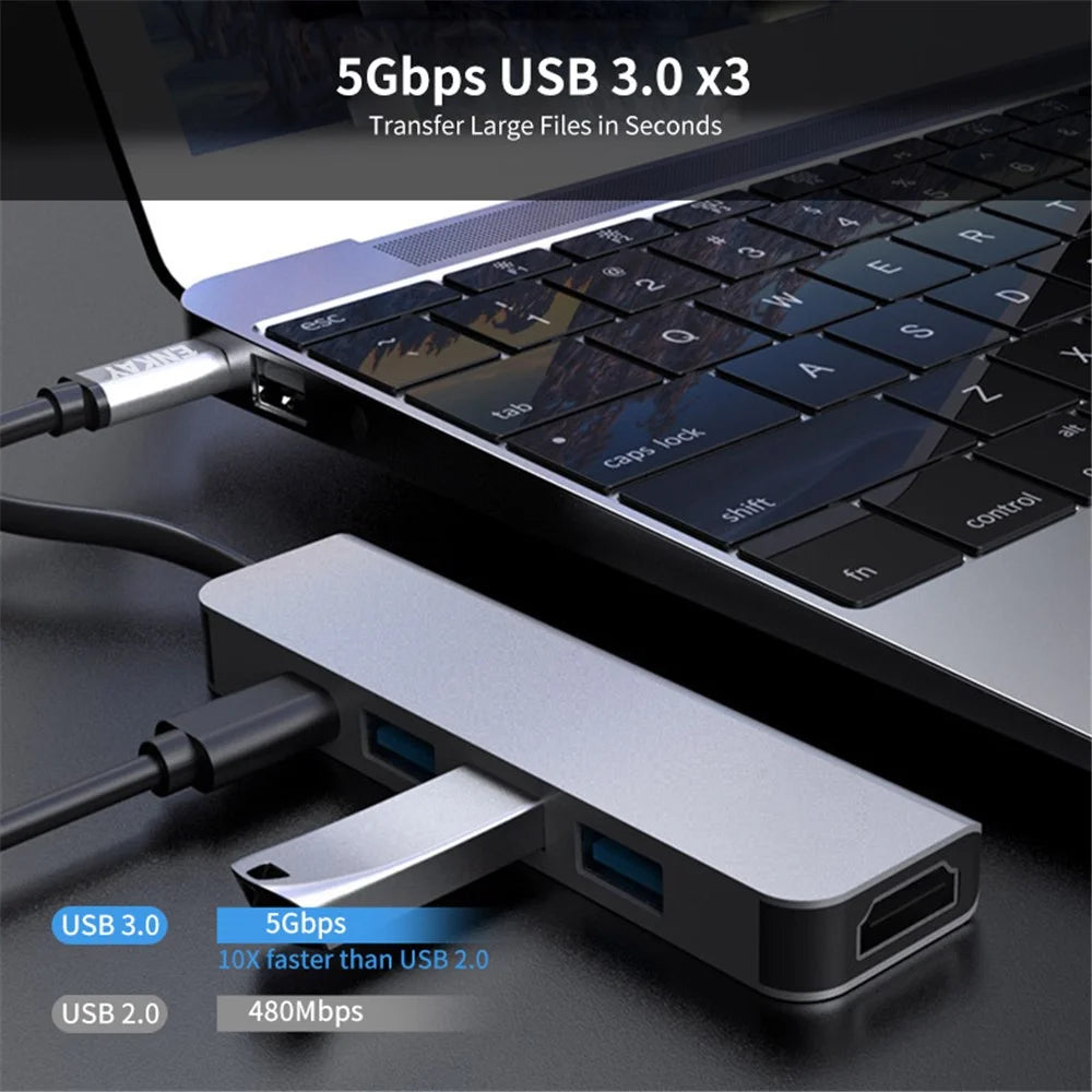 ENKAY HAT PRINCE 5-in-1 Type-C Hub to 4K HD Video Output+3xUSB3.0+PD Fast Charging USB-C Dock Station for Laptop PC - 4