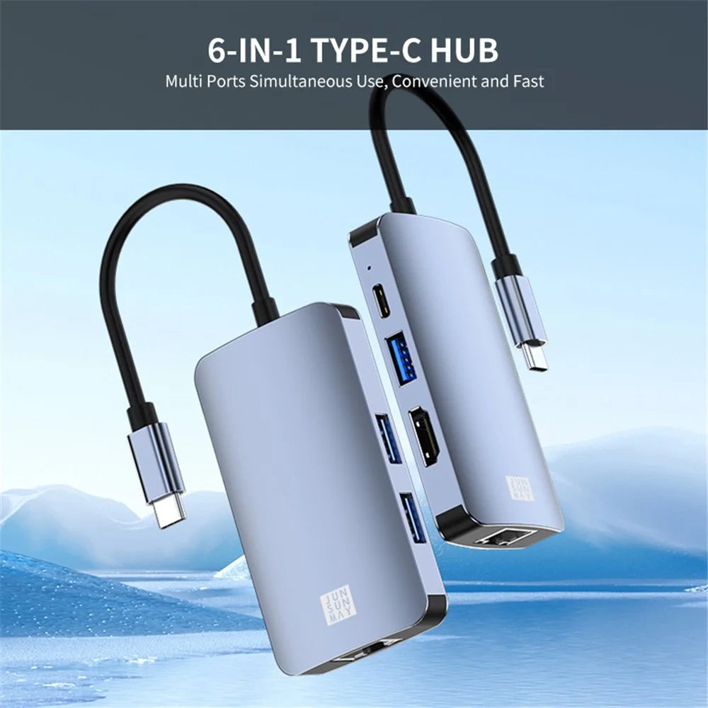 JUNSUNMAY JSM-HUB003 Type-C Hub Adapter 6-in-1 USB-C Docking Station Splitter Support 4K HD Video, 100Mbps, 87W PD Charging Converter - 2
