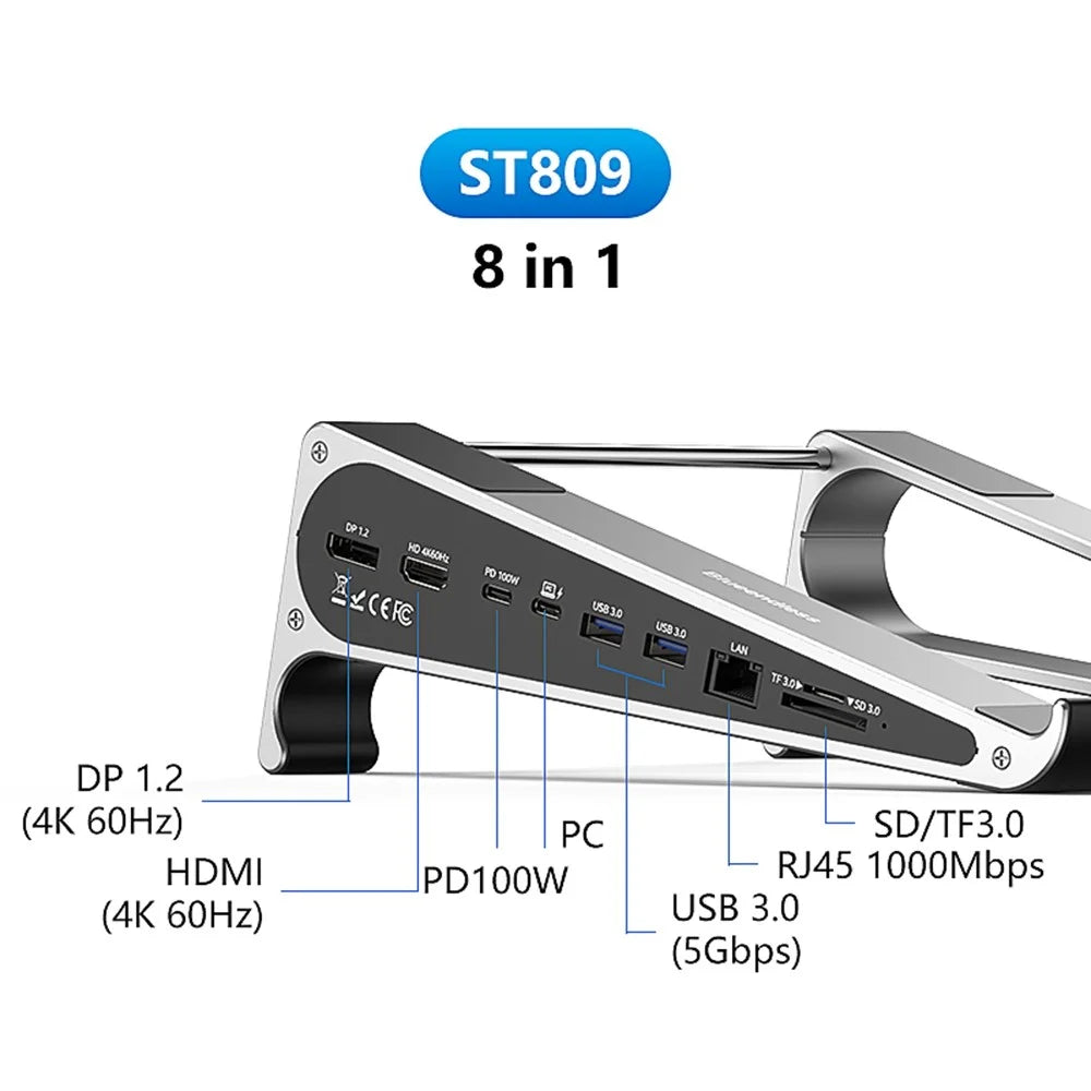 BLUEENDLESS ST809 8 in 1 Laptop Stand Type-C Hub with DP 1.2 + RJ45 + 4K 60Hz HD + PD 100W + 2 USB 3.0 + TF Card Reader - Silver Grey - 5