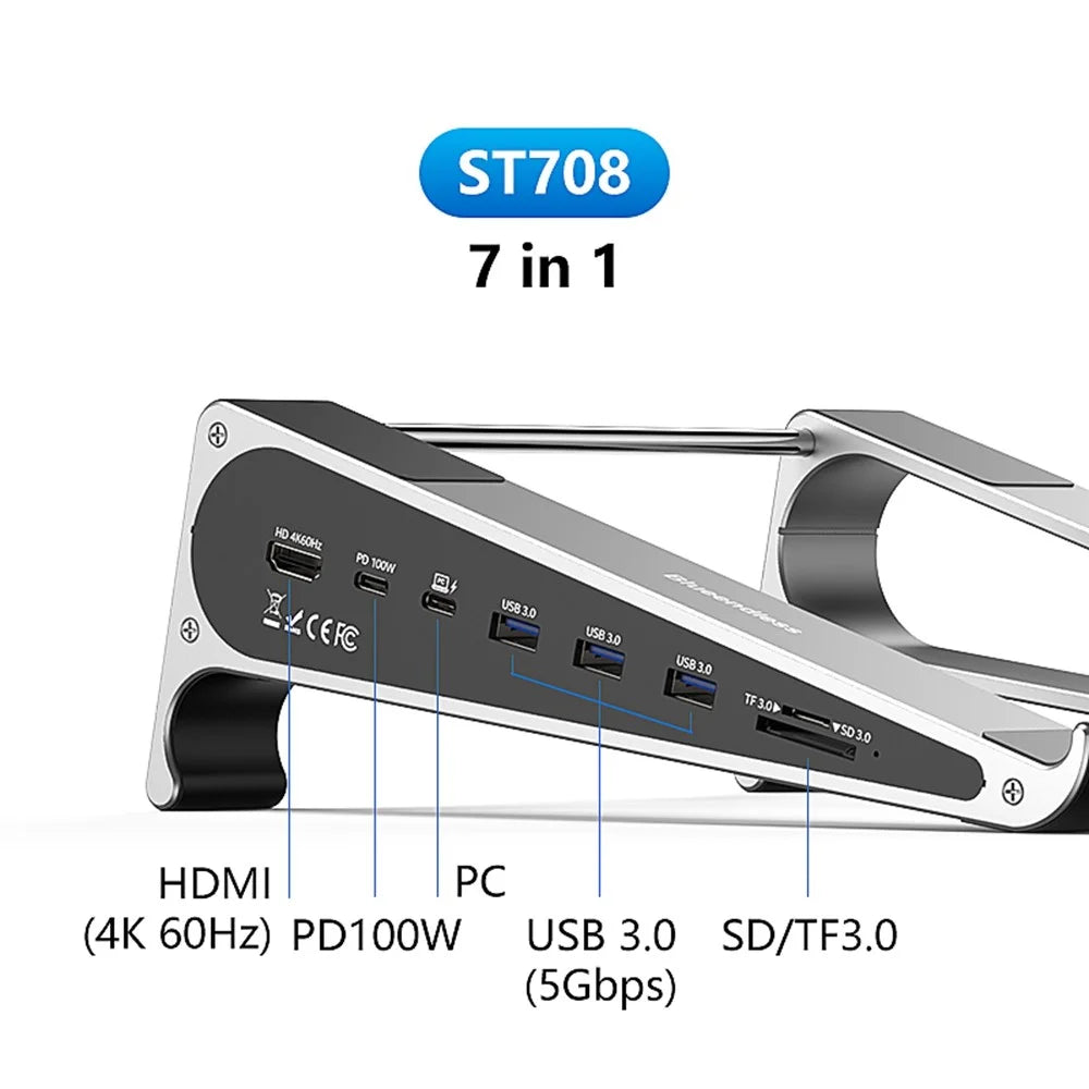 BLUEENDLESS ST708 7 in 1 Laptop Stand Riser Type-C Hub with 4K 60Hz HD + PD 100W + 3 USB 3.0 + TF Card Reader - Silver Grey - 4
