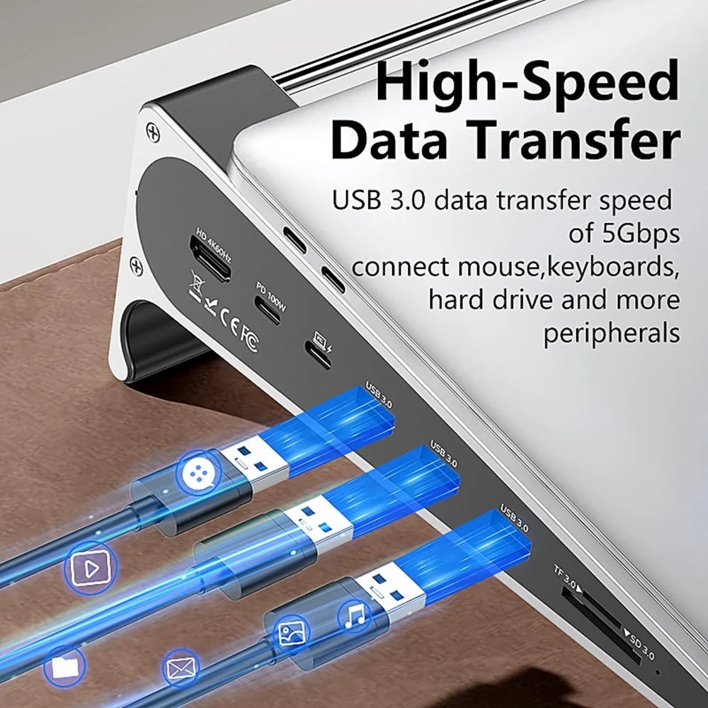 BLUEENDLESS ST708 7 in 1 Laptop Stand Riser Type-C Hub with 4K 60Hz HD + PD 100W + 3 USB 3.0 + TF Card Reader - Silver Grey - 5
