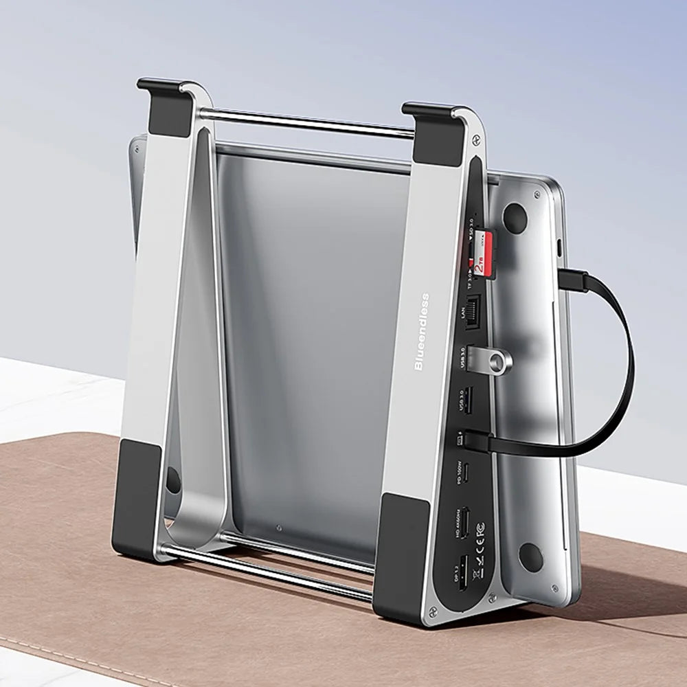 BLUEENDLESS ST708 7 in 1 Laptop Stand Riser Type-C Hub with 4K 60Hz HD + PD 100W + 3 USB 3.0 + TF Card Reader - Silver Grey - 6
