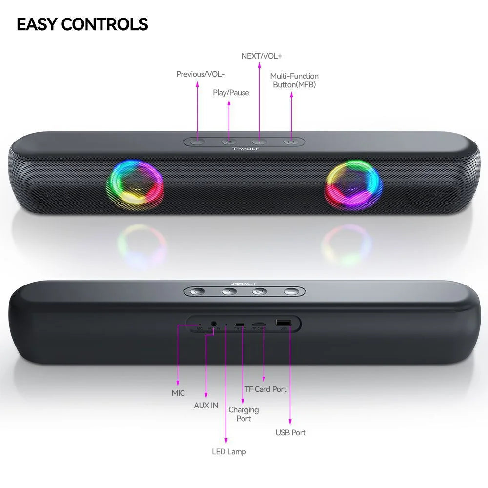 T-WOLF B320 Bluetooth-compatible Speaker Stereo Dual Drivers with 7 RGB Modes Support TF/USB/FM for Smartphone, PC - Black - 4
