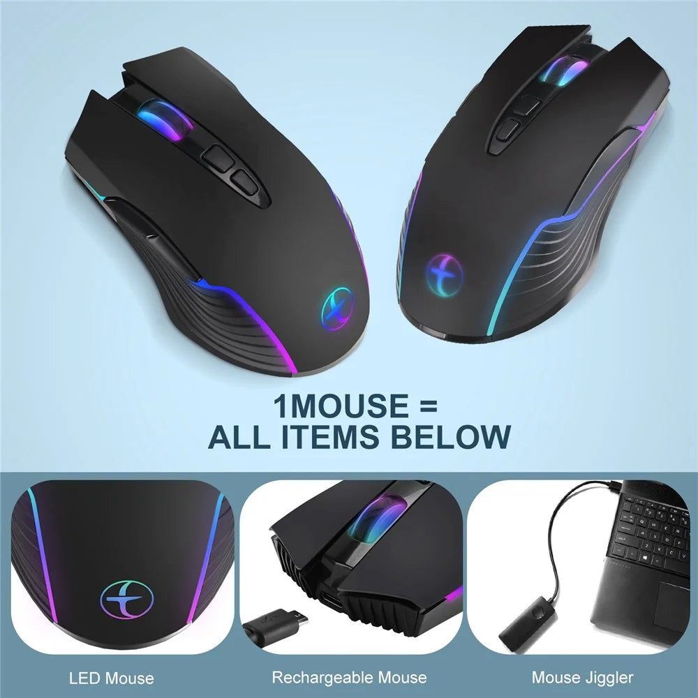 2.4G Wireless Mouse Jiggler Portable Cordless Mouse with 7 Keys/Light Effect/Type-C Adapter Support 800/1200/1600DPI - 2