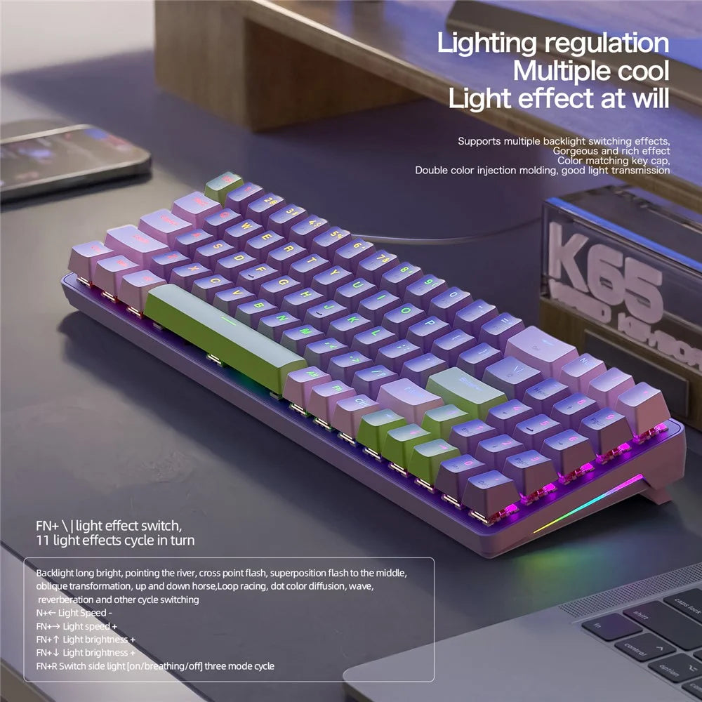ZIYOULANG K65 78 Keys Hot Swappable Mechanical Keyboard RGB Light USB Wired Keyboard - Blue+Blue Switch - 4