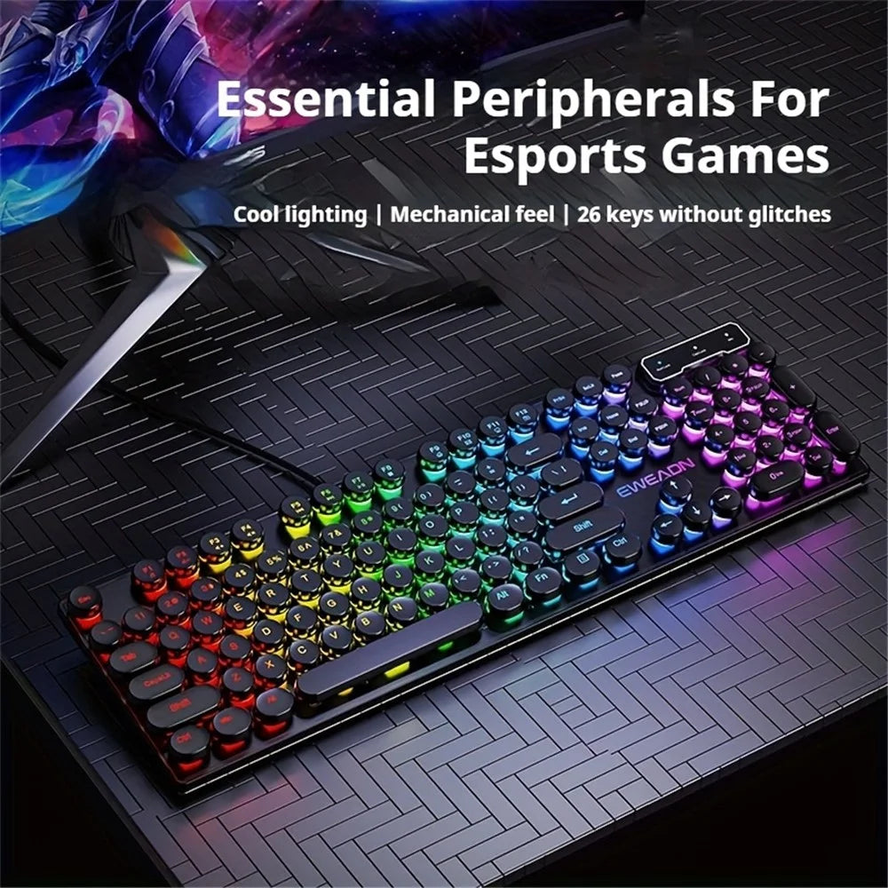 EWEADN GX30 Retro Punk Computer Laptop Keyboard USB Wired Backlit Gaming Keyboard - Black / Rainbow Light - 6