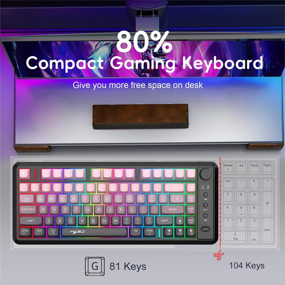 HXSJ L400 81 Keys Membrane Keyboard 2.4G + Bluetooth-compatible Tri-Mode Wireless Keyboard with RGB Backlit - Black / Pink Gradient - 5