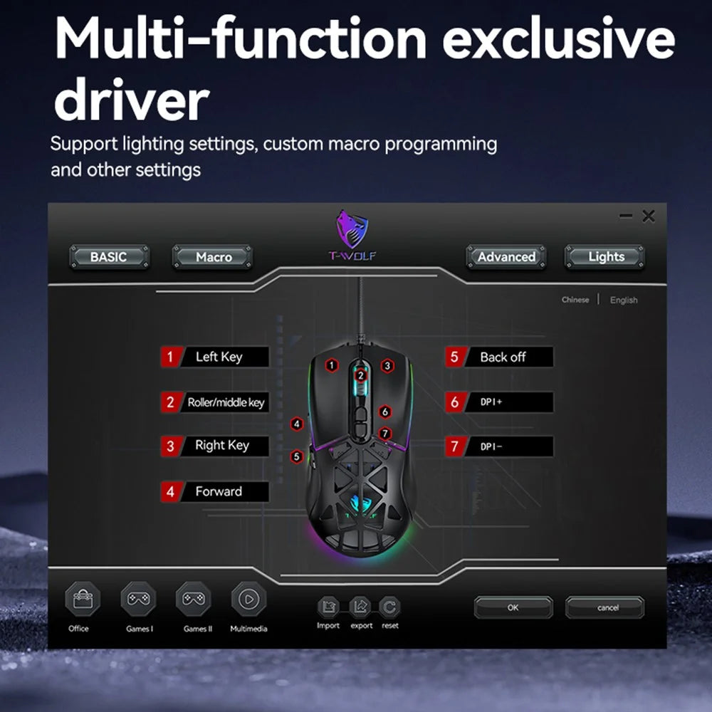 T-WOLF G520 Gaming Mouse RGB Backlit 7 Keys Programmable Mouse with Interchangeable Back Cover - White - 6