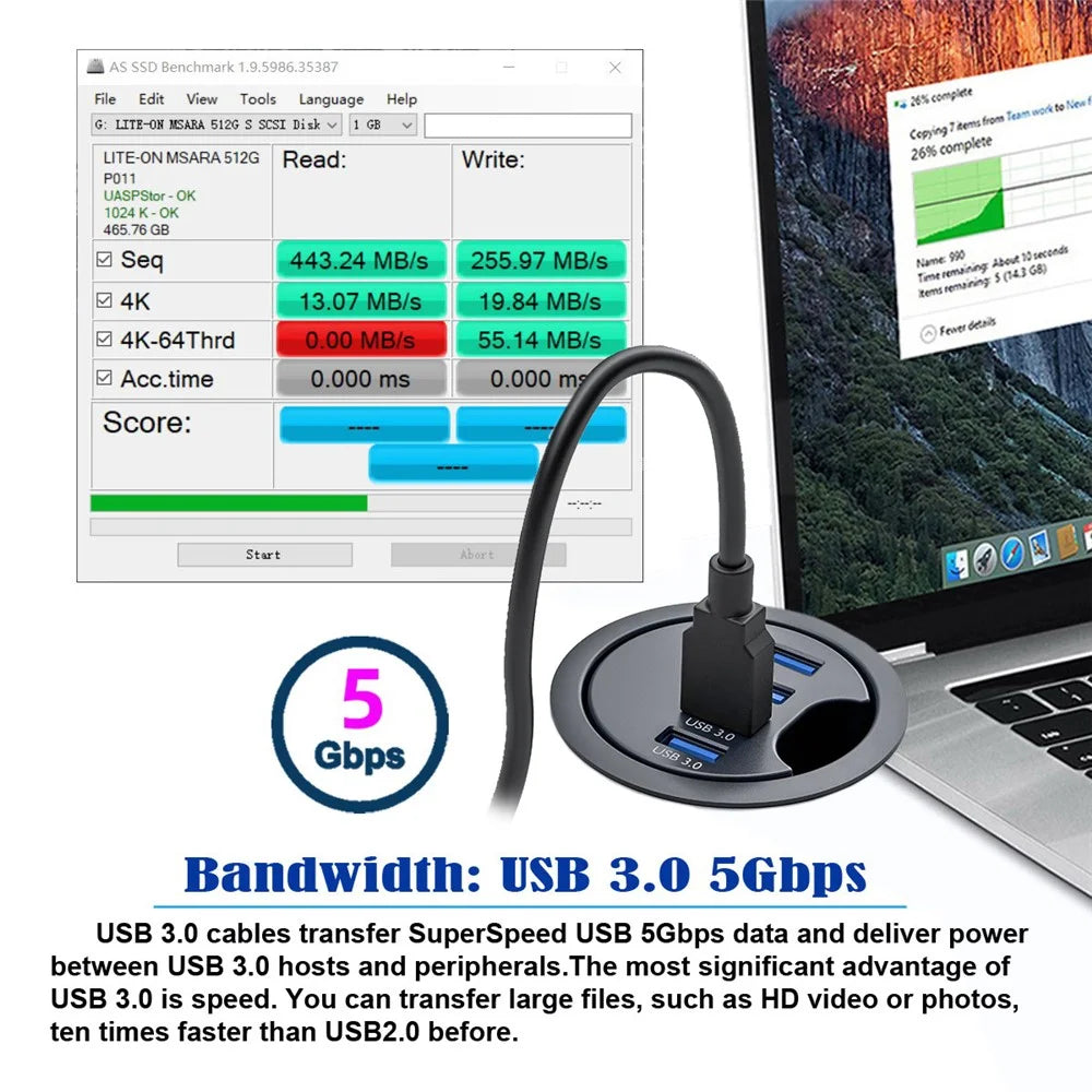 U3-095-HUB01 USB 3.0 Hub 4 USB3.0 Ports 60mm Computer Desk Grommet Splitter Dock Station - 2